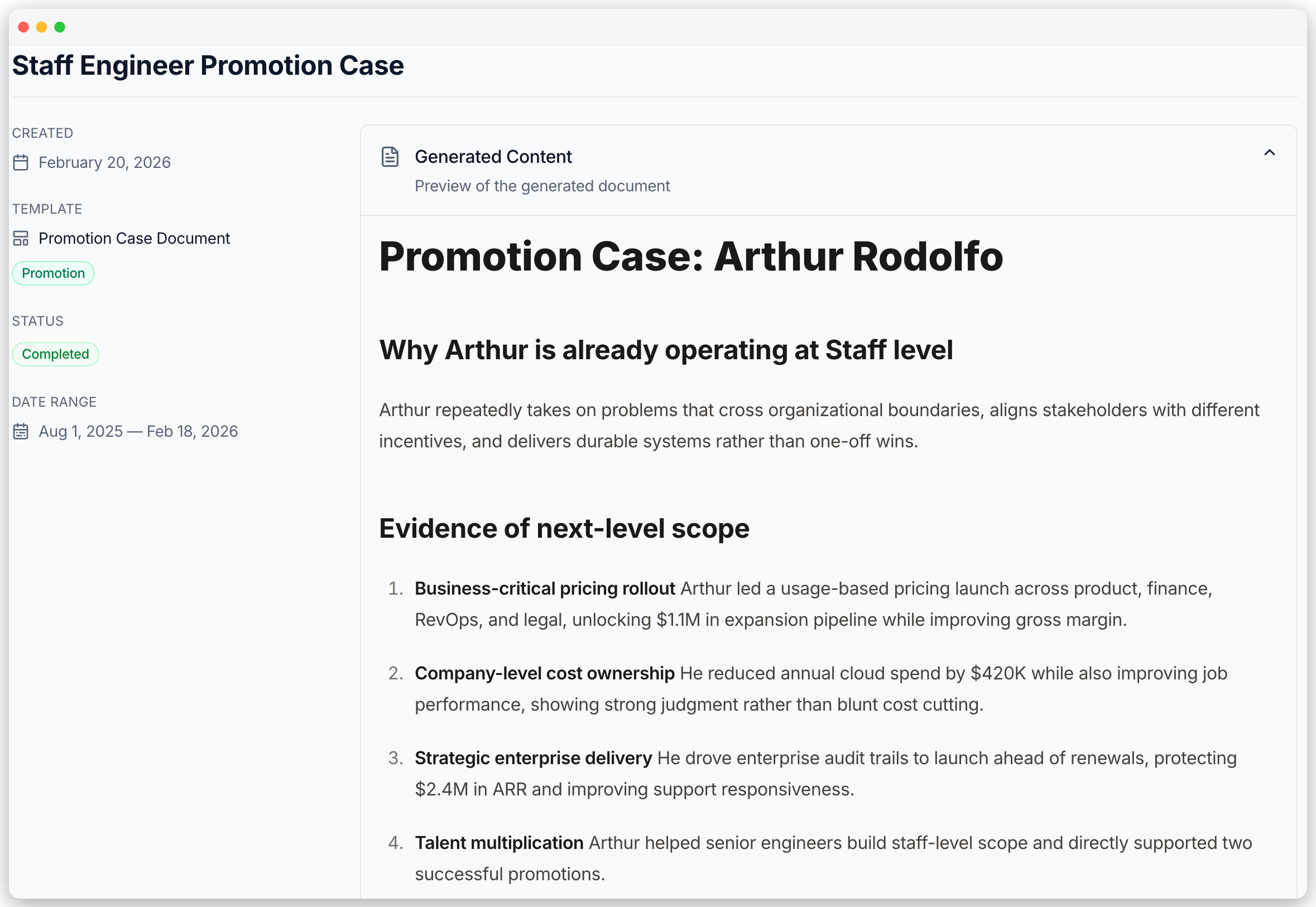 Career Journal promotion case document summarizing staff-level scope, business impact, and supporting evidence.